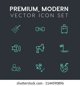 Modern, simple vector icon set on dark grey background with cocktail, web, announcement, drink, white, rock, bag, plane, baja, home, glass, aircraft, physical, concert, cell, business, airplane icons