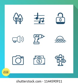 Modern, simple vector icon set on gradient background with lock, wood, green, currency, unlock, room, morning, security, sun, drill, hand, photo, nature, equipment, pine, environment, door, cash icons