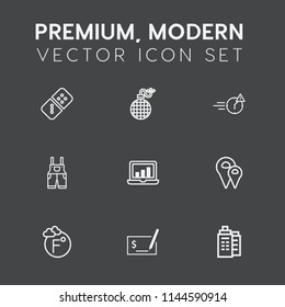 Modern, simple vector icon set on dark grey background with strategy, night, risk, sign, scale, estate, white, business, explosive, travel, thermometer, road, graphic, bomb, map, building, pin icons