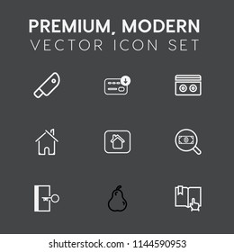 Modern, simple vector icon set on dark grey background with cook, fresh, architecture, sound, dollar, tool, stereo, butcher, cassette, cut, currency, audio, cash, search, estate, wealth, escape icons