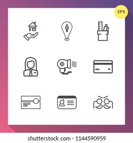 Modern, simple vector icon set on gradient background with identification, estate, employer, location, holiday, business, buy, employee, white, stereo, carnival, debit, work, festival, travel icons