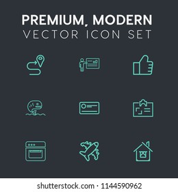 Modern, simple vector icon set on dark grey background with card, home, web, equipment, conference, architecture, house, oven, find, money, kitchen, travel, direction, payment, airplane, food icons
