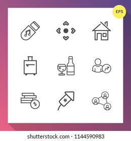 Modern, simple vector icon set on gradient background with building, estate, white, holiday, arrow, architecture, account, background, home, trip, property, suitcase, sign, coin, data, event icons