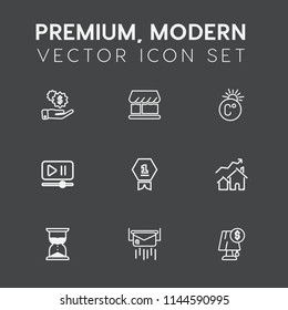 Modern, simple vector icon set on dark grey background with winner, money, scale, increase, achievement, message, lamp, award, hour, wealth, envelope, mail, electricity, finance, interior, home icons