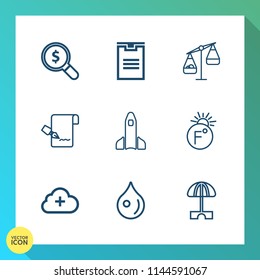 Modern, simple vector icon set on gradient background with cloud, white, launch, thermometer, search, liquid, package, science, fahrenheit, technology, sun, web, sign, website, rocket, note, box icons