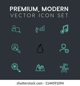Modern, simple vector icon set on dark grey background with pin, location, search, eiffel, internet, website, clef, computer, treble, map, organic, business, find, career, motivation, user, food icons