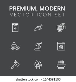 Modern, simple vector icon set on dark grey background with travel, website, lens, satellite, shovel, tripod, construction, house, space, hot, screwdriver, video, download, real, hammer, bag icons