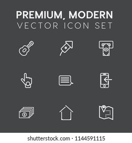 Modern, simple vector icon set on dark grey background with travel, index, background, architecture, business, celebration, fire, pin, musical, money, technology, sign, road, building, phone icons