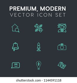 Modern, simple vector icon set on dark grey background with vintage, black, satellite, science, property, road, spaceship, earth, system, location, photography, alert, antique, map, classic, pin icons