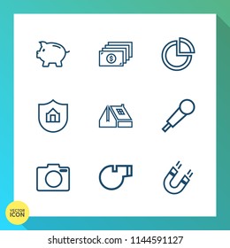 Modern, simple vector icon set on gradient background with sign, pie, house, equipment, science, sport, whistle, business, karaoke, data, security, referee, lens, cash, construction, chart, bank icons