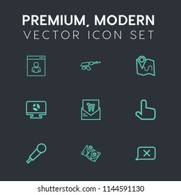 Modern, simple vector icon set on dark grey background with location, rifle, people, military, music, retail, chart, man, male, audio, army, gps, list, city, pin, business, internet, assault icons