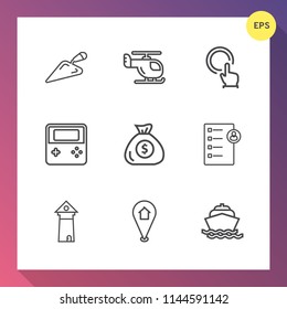Modern, simple vector icon set on gradient background with helicopter, tower, finance, water, ocean, touch, shovel, pin, transportation, transport, sky, click, construction, hammer, technology icons