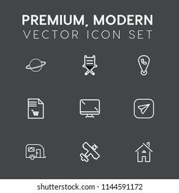 Modern, simple vector icon set on dark grey background with planet, market, airplane, architecture, plane, seat, message, aircraft, transport, chair, transportation, flight, armchair, shopping icons