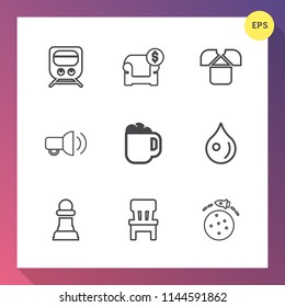 Modern, simple vector icon set on gradient background with horse, strategy, shirt, railroad, rail, chair, space, rocket, liquid, drop, modern, station, game, drink, megaphone, cafe, tshirt, sofa icons