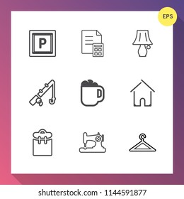 Modern, simple vector icon set on gradient background with table, car, house, sign, cafe, sewing, transportation, lamp, fishing, phone, reel, person, financial, drink, mug, clothing, sport, cup icons