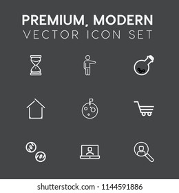 Modern, simple vector icon set on dark grey background with sand, equipment, trolley, communication, finance, house, account, web, internet, showing, planet, clock, cash, technology, hour, timer icons