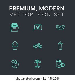 Modern, simple vector icon set on dark grey background with blank, landscape, cycle, party, sun, object, office, landmark, parasol, environment, wheel, paper, chat, thermometer, file, fahrenheit icons