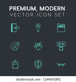 Modern, simple vector icon set on dark grey background with music, luggage, skateboard, folder, escape, fire, machine, blank, atm, emergency, bag, web, open, protection, arrow, sound, safety icons