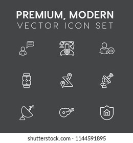 Modern, simple vector icon set on dark grey background with communication, call, online, phone, business, technology, road, global, message, property, map, guitar, white, old, person, vintage icons