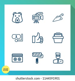 Modern, simple vector icon set on gradient background with brown, wildlife, mammal, roll, stereo, television, bear, predator, web, sound, mask, tripod, animal, sea, microphone, white, user, wild icons