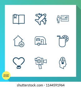 Modern, simple vector icon set on gradient background with people, idea, female, glass, plane, video, equipment, heart, film, book, flight, estate, aircraft, concept, click, travel, air, seminar icons