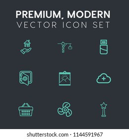 Modern, simple vector icon set on dark grey background with property, rent, air, add, usb, market, sale, building, banking, safety, internet, equipment, drill, real, blank, cable, photo, bank icons