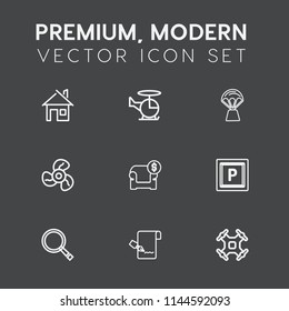 Modern, simple vector icon set on dark grey background with property, fan, document, list, street, cool, technology, sign, rescue, home, fun, aerial, couch, road, interior, transportation, hot icons