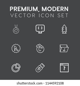 Modern, simple vector icon set on dark grey background with trash, page, monitor, music, thermometer, necklace, nature, chart, gold, technology, storage, computer, web, frame, rubbish, fashion icons
