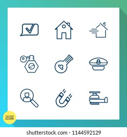 Modern, simple vector icon set on gradient background with cap, aviation, building, perfume, pump, estate, door, online, magnetic, music, air, message, rent, string, pole, talk, beauty, musical icons