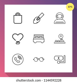 Modern, simple vector icon set on gradient background with interior, call, space, ring, heart, holiday, cosmonaut, eyeglasses, celebration, arrow, spacesuit, diving, circle, gift, bag, phone icons