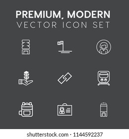 Modern, simple vector icon set on dark grey background with life, luxury, cooler, train, person, baja, cool, seedling, tree, sea, room, face, beach, sea of cortes, ice, picnic, business, modern icons