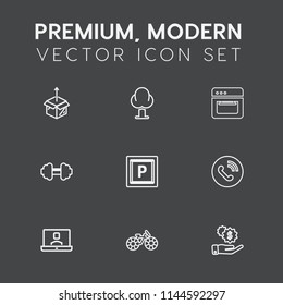 Modern, simple vector icon set on dark grey background with sport, gym, oven, cooking, forest, investment, business, cycle, street, transportation, ring, food, transport, cardboard, call, circle icons