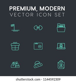 Modern, simple vector icon set on dark grey background with blue, present, construction, decoration, folder, tag, healthy, mexico, fit, space, blank, paper, ocean, internet, house, nature, call icons