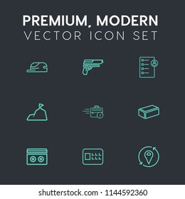 Modern, simple vector icon set on dark grey background with safety, war, mountain, human, office, business, lock, landscape, stereo, audio, firearm, handgun, building, music, checklist, location icons