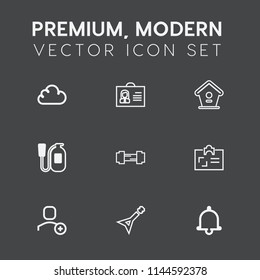 Modern, simple vector icon set on dark grey background with personal, human, account, gym, house, home, fitness, person, female, profile, alarm, safety, bird, exercise, male, identity, musical icons