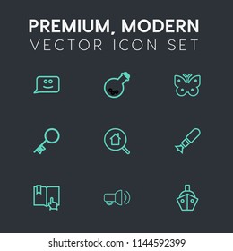 Modern, simple vector icon set on dark grey background with sign, medicine, key, tool, falling, home, bomb, weapon, search, medical, emotion, door, open, sea, nature, face, fly, megaphone, click icons