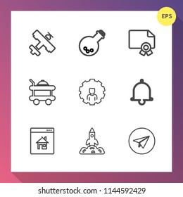 Modern, simple vector icon set on gradient background with achievement, travel, award, alarm, science, equipment, space, message, estate, communication, transportation, account, real, flight icons
