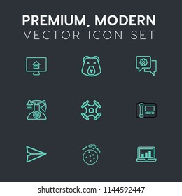 Modern, simple vector icon set on dark grey background with wild, mobile, planet, control, home, rocket, stationary, online, big, old, mammal, phone, laptop, business, helicopter, bear, predator icons