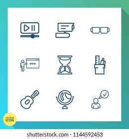 Modern, simple vector icon set on gradient background with time, work, camera, globe, player, go, hour, road, play, global, stationery, equipment, glasses, surveillance, online, internet, media icons