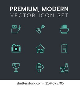 Modern, simple vector icon set on dark grey background with folk, house, pot, paper, instrument, string, architecture, business, soup, camera, music, dish, financial, destruction, direction, hot icons