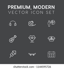 Modern, simple vector icon set on dark grey background with celebration, festival, board, white, stereo, music, sailor, adhesive, skate, sound, timetable, device, friction, equipment, business icons