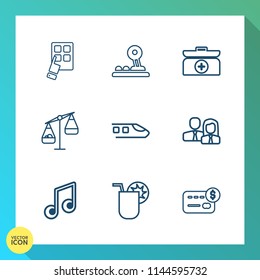 Modern, simple vector icon set on gradient background with drink, balance, hand, aid, modern, cross, technology, emergency, note, device, musical, summer, glass, transportation, music, travel icons