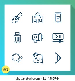 Modern, simple vector icon set on gradient background with hammer, sky, medieval, castle, bag, arrow, location, map, star, phone, tower, building, speaker, announcement, video, app, moon, loud icons