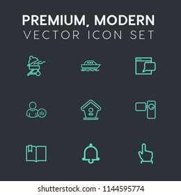 Modern, simple vector icon set on dark grey background with status, birdhouse, fire, hot, web, bbq, wooden, travel, movie, touch, profile, communication, cooking, internet, barbecue, bell, hand icons