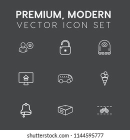 Modern, simple vector icon set on dark grey background with online, estate, dessert, bus, alarm, cute, wheel, sweet, ring, unlock, bell, monster, technology, funny, creature, subscribe, house icons