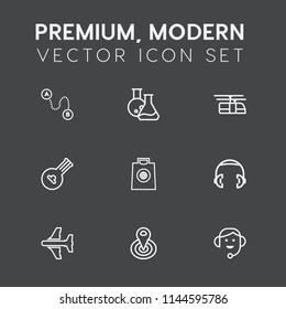 Modern, simple vector icon set on dark grey background with tool, plane, location, folk, fashion, destination, audio, sound, music, airplane, travel, musical, dental, sky, sale, direction, map icons