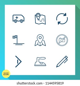 Modern, simple vector icon set on gradient background with housework, clothes, repeat, refresh, medical, baja, reload, transport, education, beach, emergency, care, city, rotation, view, road icons