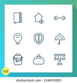 Modern, simple vector icon set on gradient background with exercise, sport, protect, security, protection, estate, book, business, sign, style, construction, drum, sound, textbook, rain, home icons