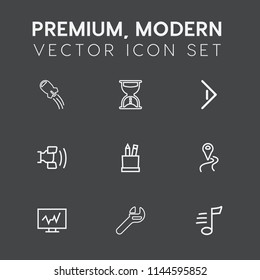 Modern, simple vector icon set on dark grey background with button, location, route, home, arrow, pencil, timer, tool, medicine, map, road, repair, galaxy, navigation, satellite, right, sound icons