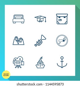 Modern, simple vector icon set on gradient background with movie, professional, location, person, pretty, bugle, tobacco, retro, jazz, wheel, interior, bed, academic, bedroom, people, no, travel icons